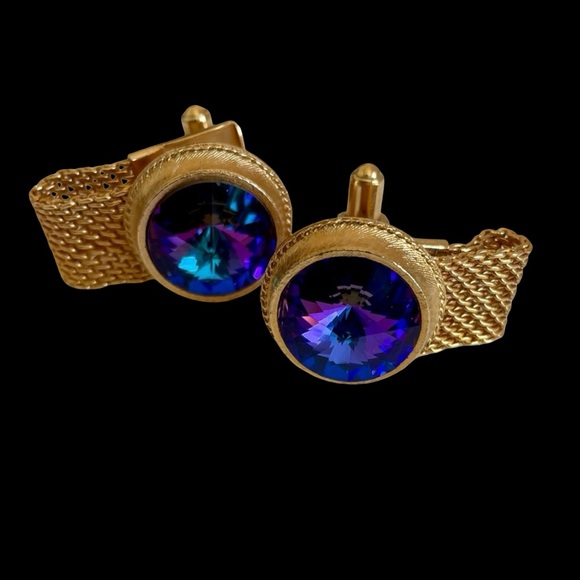 Vintage Dante Volcano Cuff Links Goldtone Mesh Wrap Around Purple Rivoli Stones
